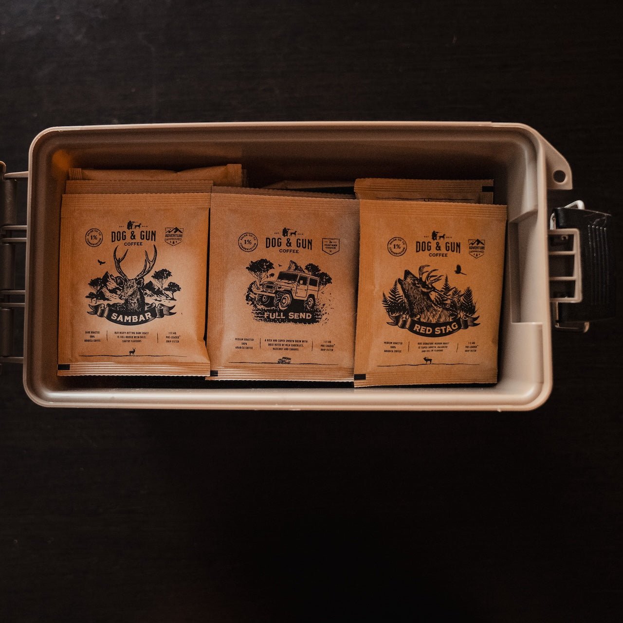 Drip Filter Reload Pack MIXED x 45 (Medium Ammo Case - Desert Tan) - Dog & Gun Coffee